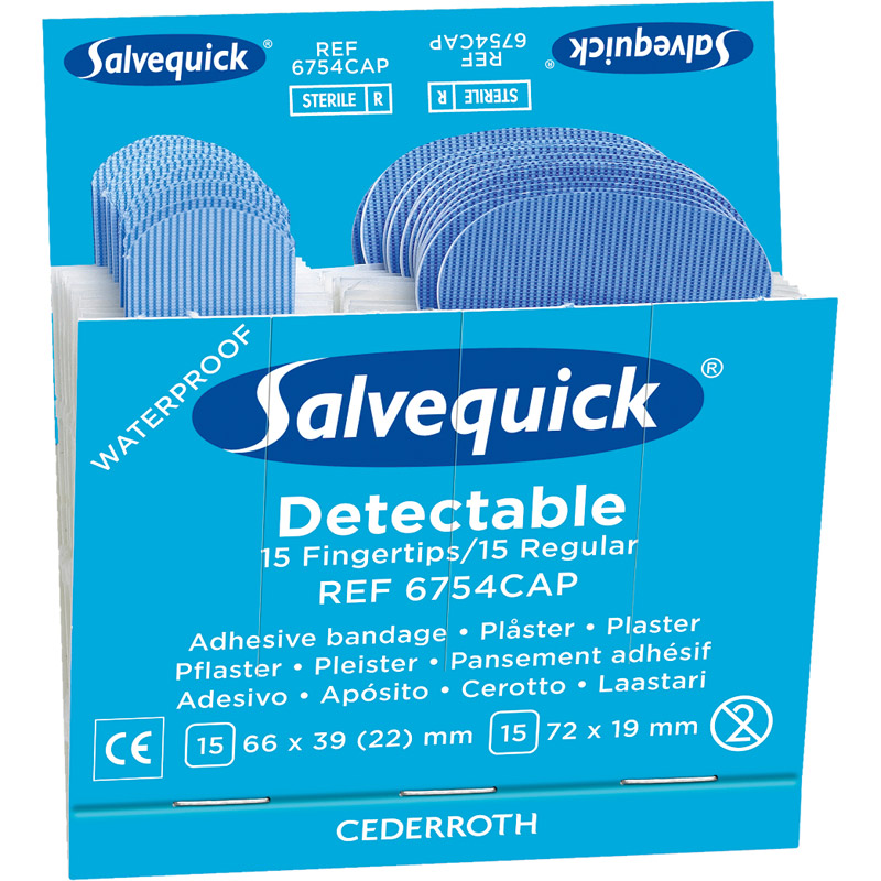 Salvequick Sterile Blue Detectable Plaster/Fingertips, 6x Refills (180 Plasters)