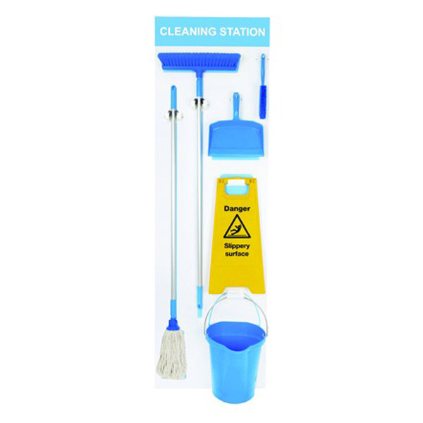 Blue Shadow Board Stocked (Mop, bucket, squeegee, floor stand, dustpan and brush)