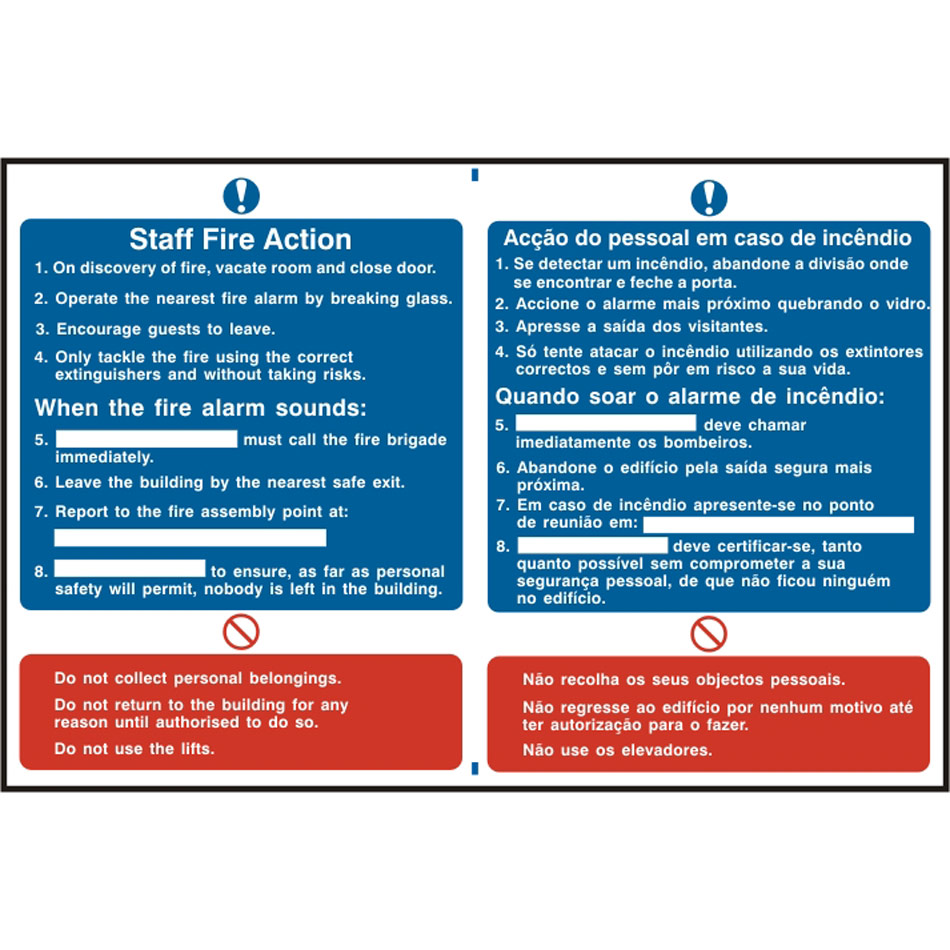 Staff fire action procedure (English / Portuguese) - PVC (300 x 200mm)