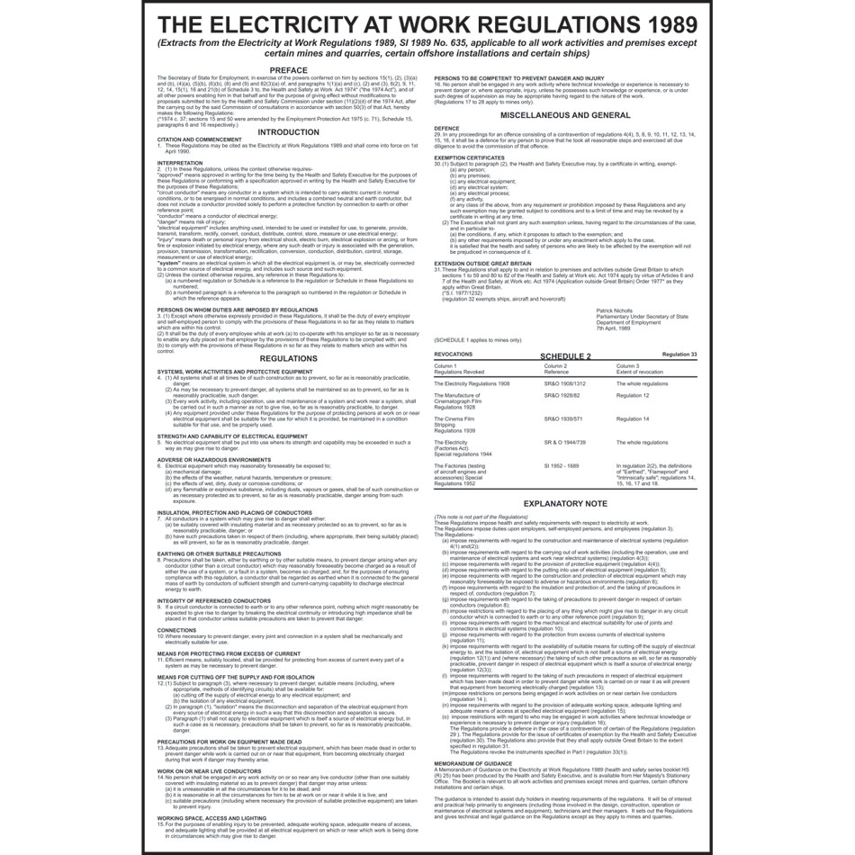 Safety Poster: Electricity at Work Regulations - RPVC (400 x 600mm)
