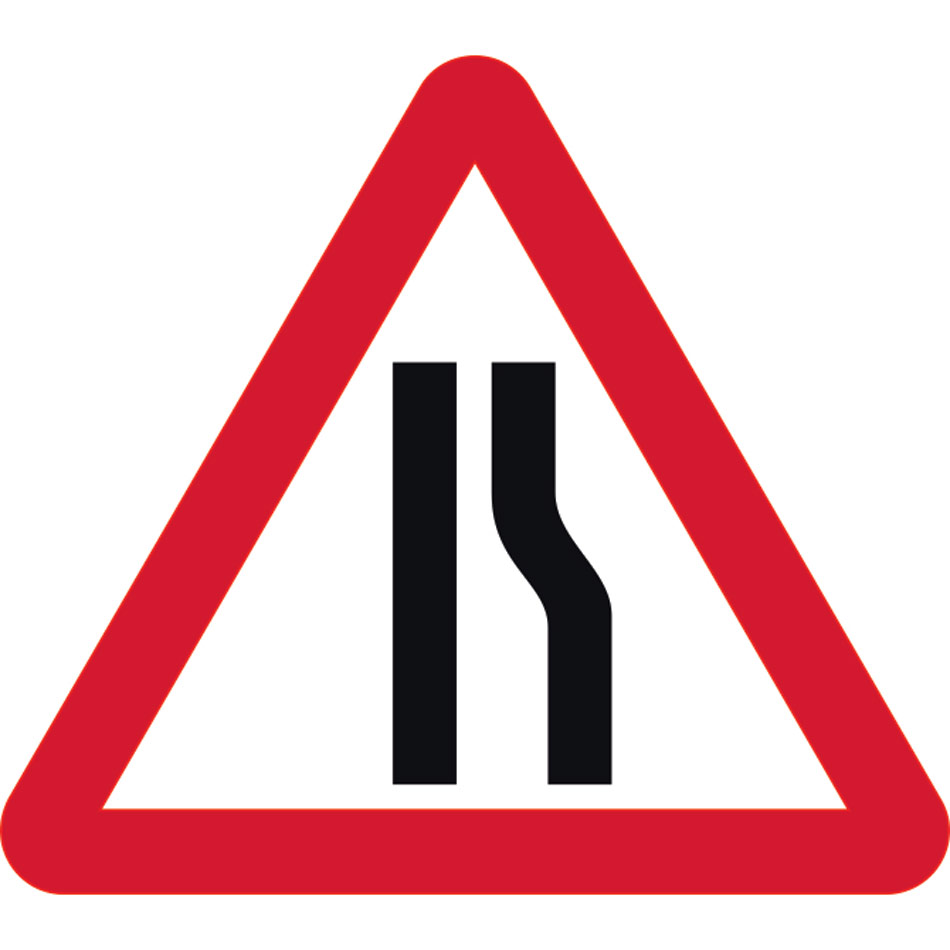 Road narrows offside - Classic Roll up traffic sign (600mm Tri) 
