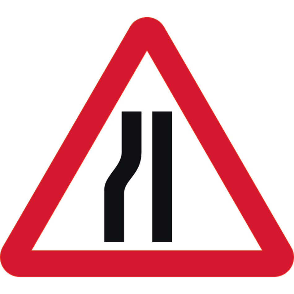 Road narrows nearside - Classic Roll up traffic sign (750mm Tri) 