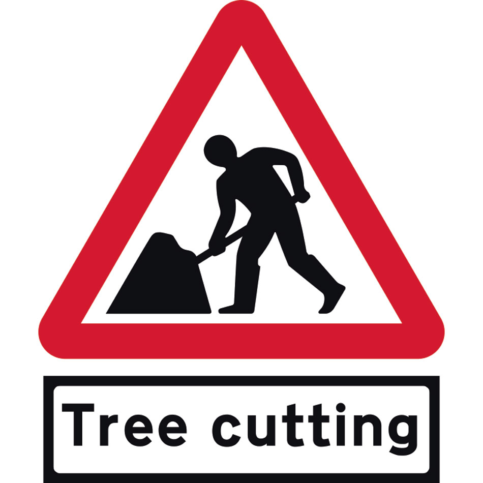 Road Works with Tree cutting Supp plate - TriFlex Roll up traffic sign (750mm Tri)
