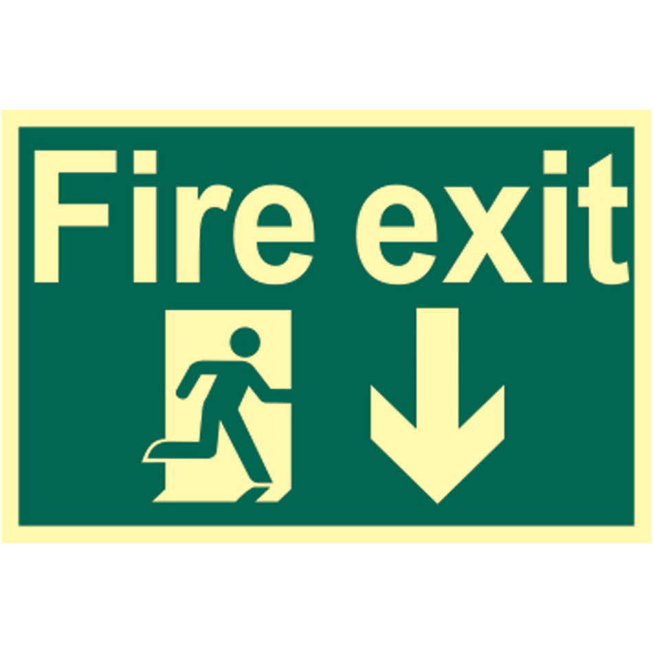 Fire exit running man arrow down - PHO (300 x 200mm)