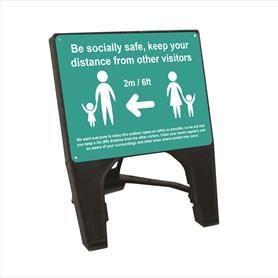 Be socially safe Q sign - 600 x 450mm - Turquoise