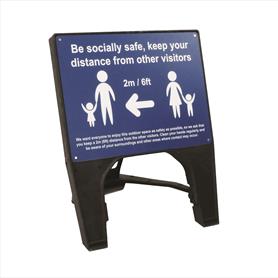 Be socially safe Q sign - 600 x 450mm - Blue