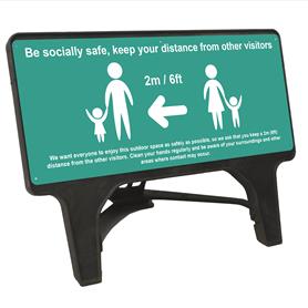 Be socially safe Q sign - 1050 x 450mm - Turquoise