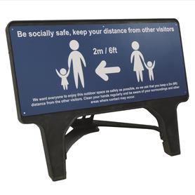 Be socially safe Q sign - 1050 x 450mm - Blue