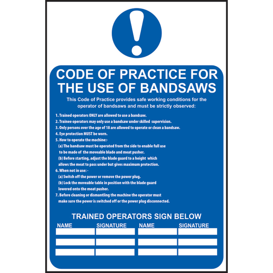 Code of practice for the use of bandsaws - PVC (200 x 300mm)