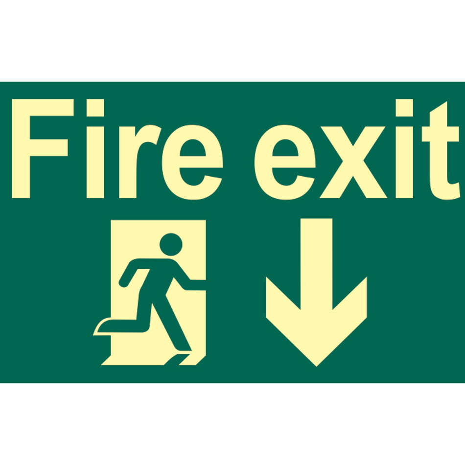Fire exit running man arrow down - PHS (300 x 200mm)
