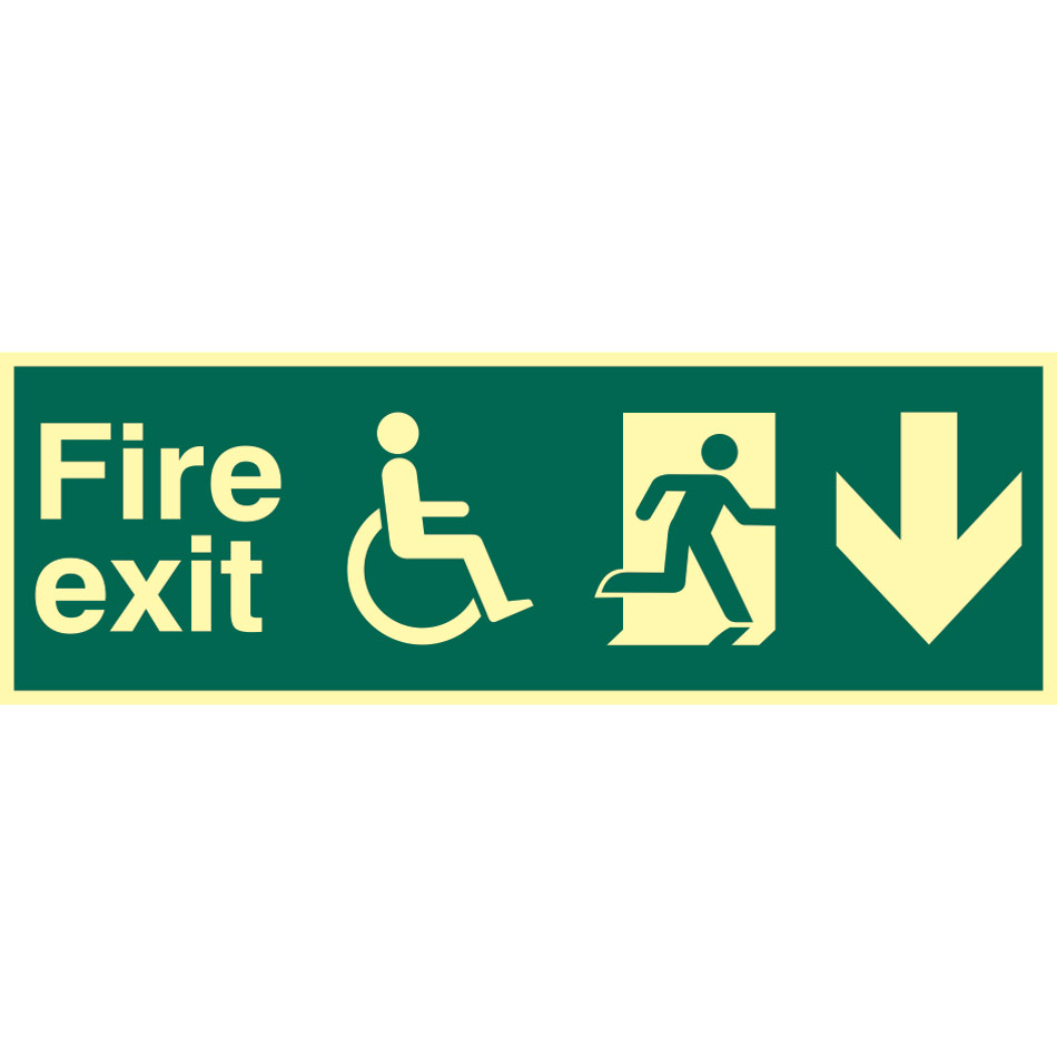 Disabled fire exit man running arrow down - PHS (450 x 150mm)